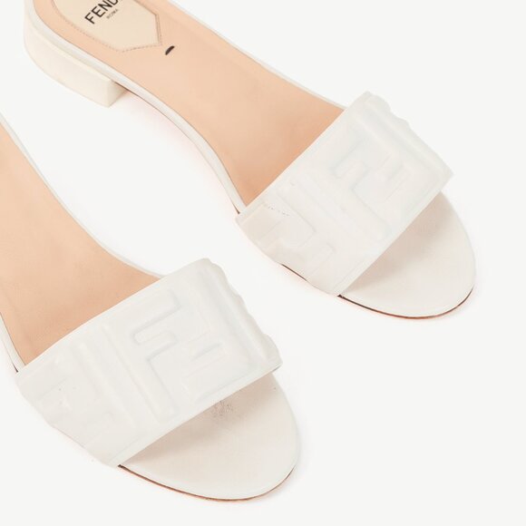 Fendi White FF-Embossed Leather Mules - Picture 6 of 10